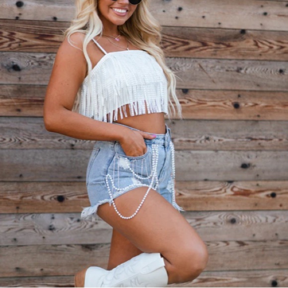 New Western Pearl Rhinestone Denim Shorts - Picture 6 of 8